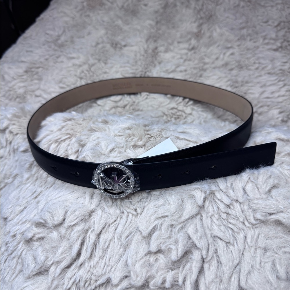 Michael Kors Black Belt with Silver and crystal Logo Buckle X1 - Picture 2 of 12